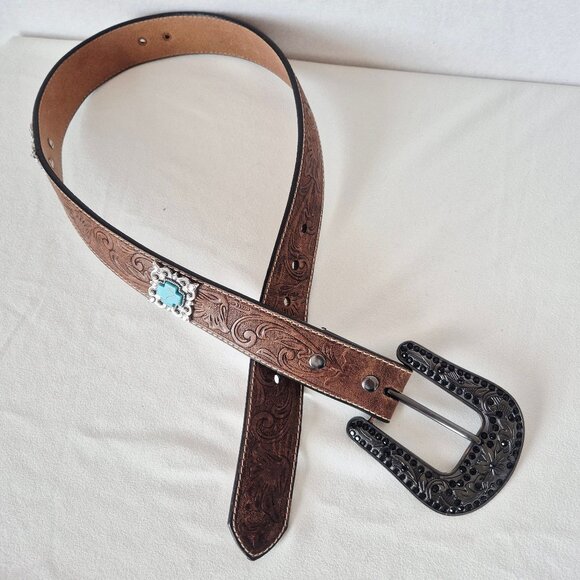 ARIAT Women's Western Belt Embossed-Leather Turquoise Rhinestone-Accent Buckle - Picture 2 of 11